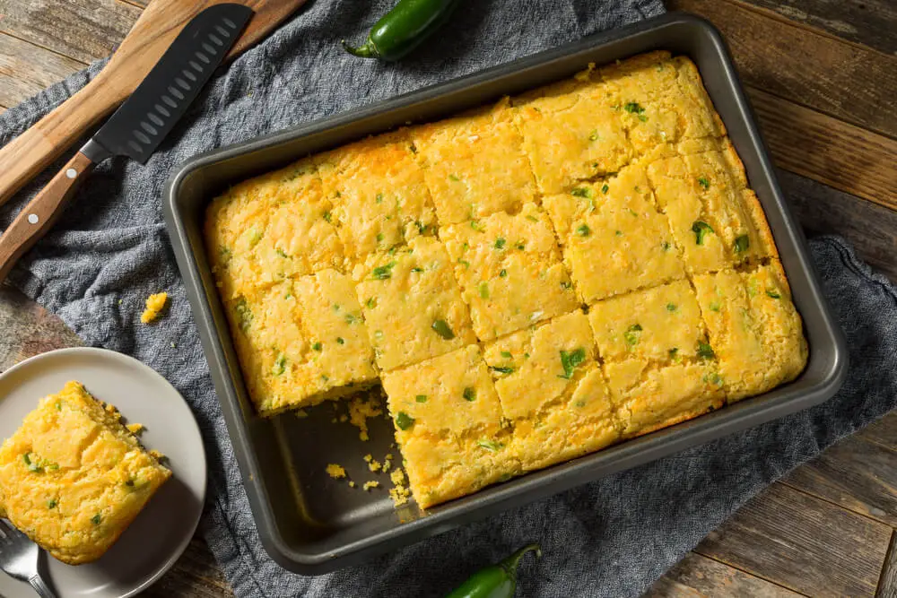 top view of cornbread kept in a black tray