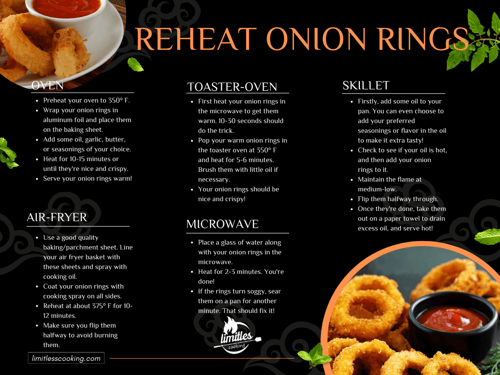 an infographic about how to reheat onion rings