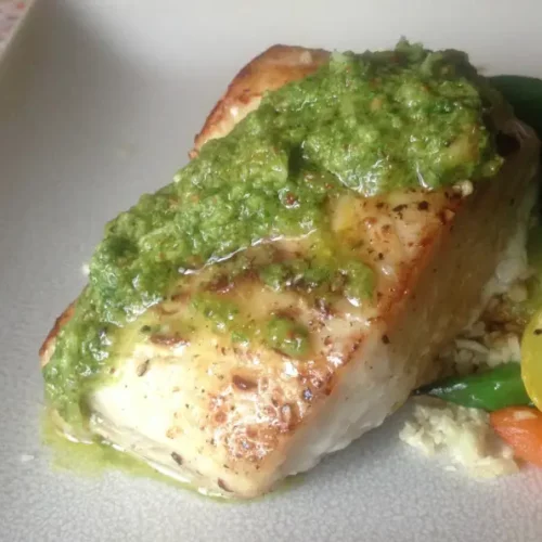 pan roasted cobia with double basil pesto